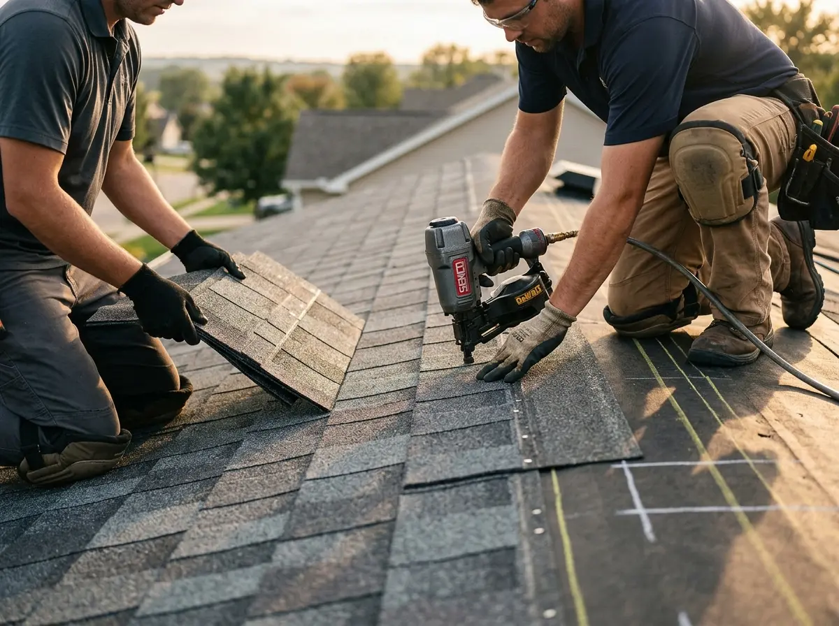 Professional roofer working on a residential roof in Cortland